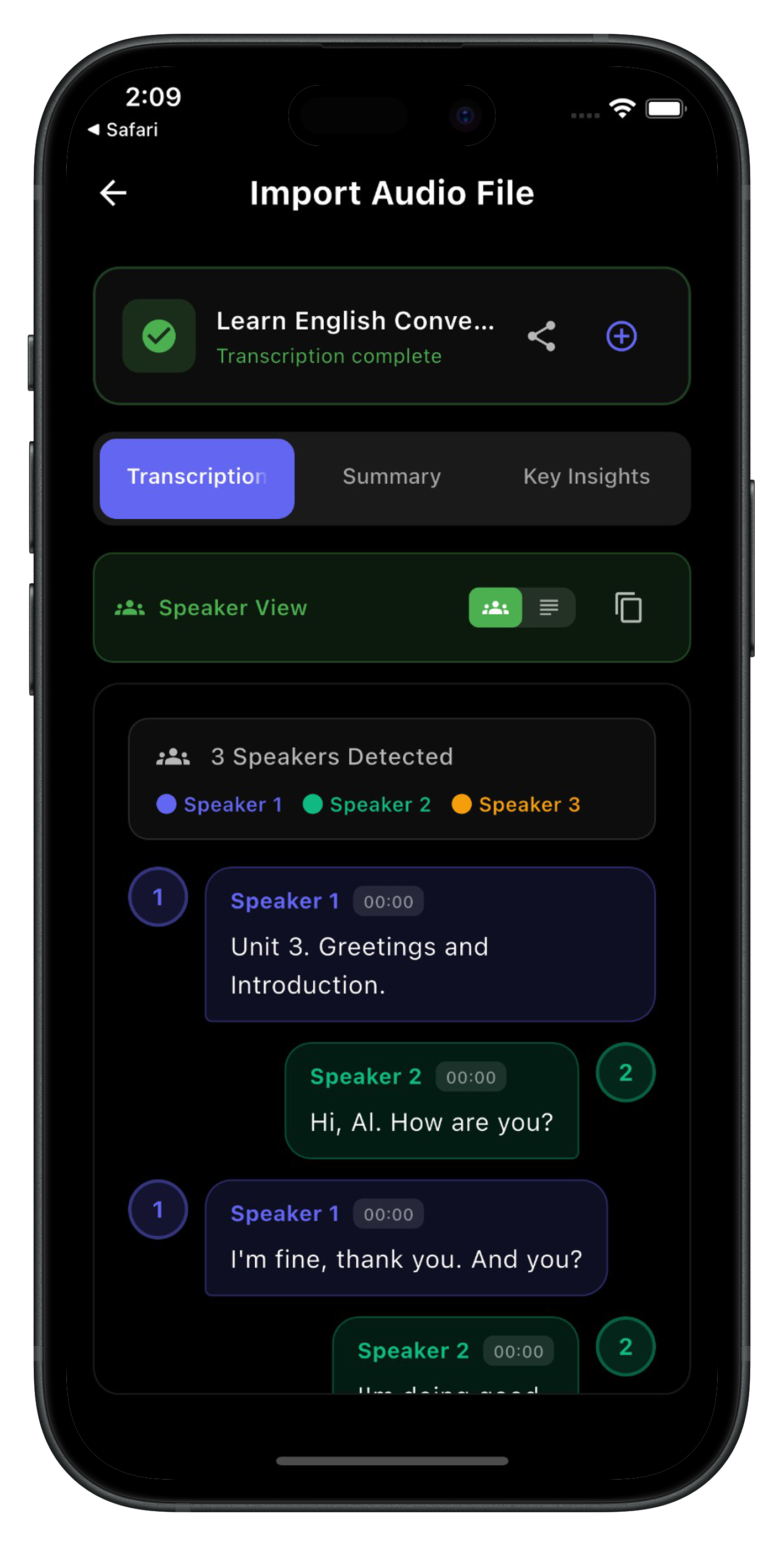 VoiceScribe multi-speaker detection showing color-coded conversation between multiple speakers